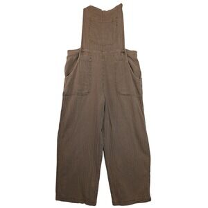 Free People Natural Sights Brown Linen Blend Wide Leg Overalls Wmns Large Boho